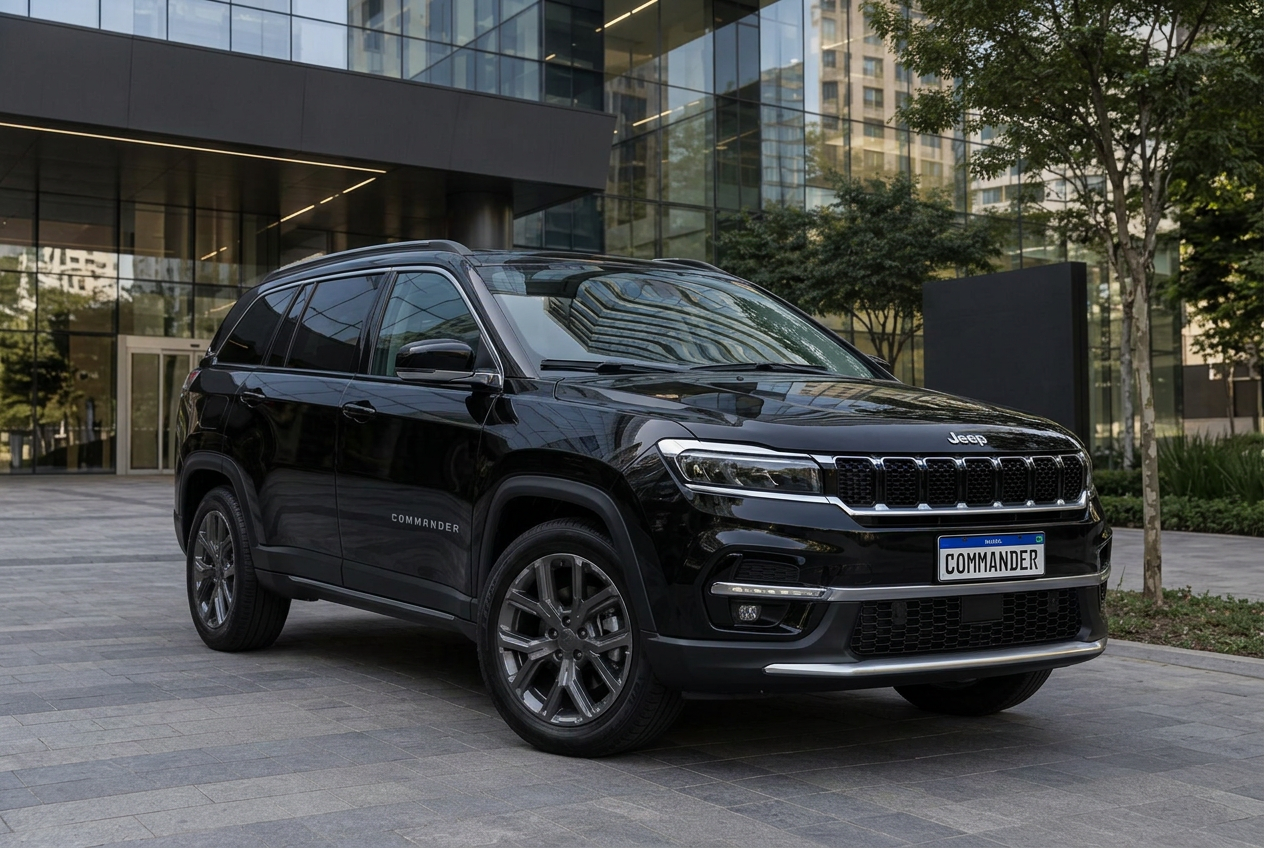 Jeep Commander preto diante de edifício corporativo