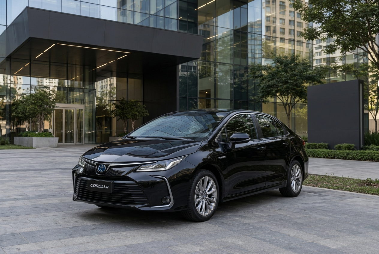 Toyota Corolla preto diante de edifício corporativo